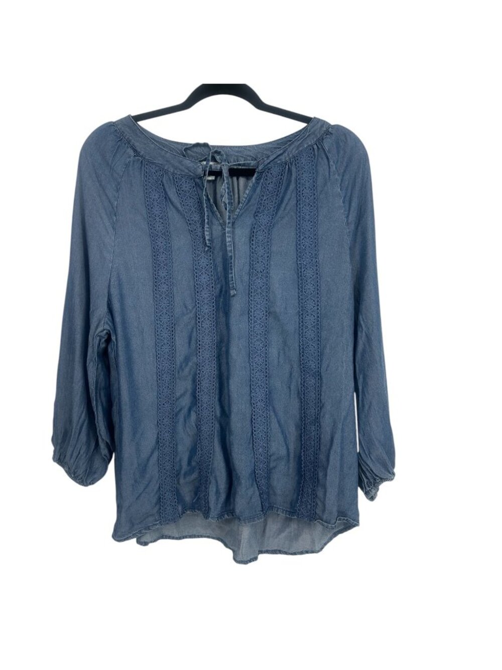 Marissa Olivia Blouse Women's Petite Large Blue Chambray Crochet Lace Tie Boho